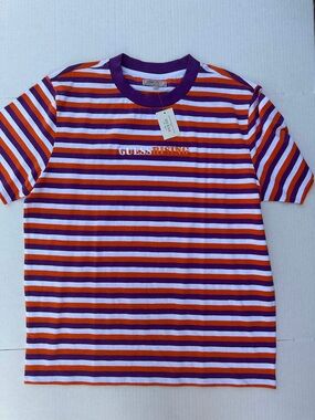 GUESS Striped Crew Tee in Purple, Orange & White